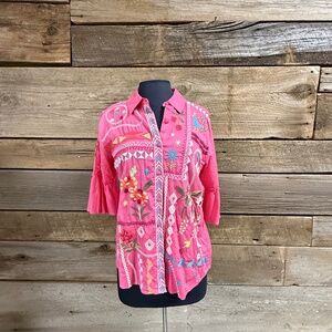 Johnny Was Lyonne Ruffle Sleeve Shirt, Hot Pink with colorful embroidery, Size S